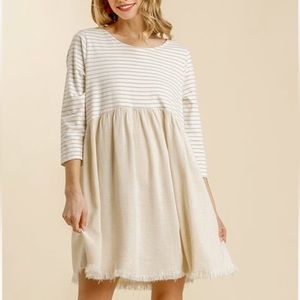 NWT Oatmeal&White Stripe Colour Block Frayed Hem Babydoll Dress Size Small